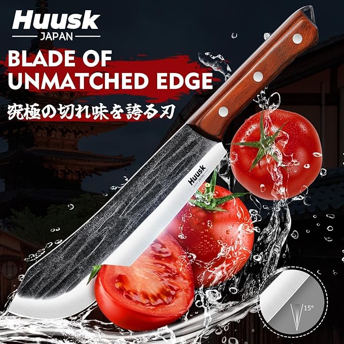Huusk 3PCS Butcher Knife Set for Meat Cutting, Gifts for Men Women | Japanese Steel Carving BBQ Brisket Knives with Ergonomic Handle, Hand-forged Meat Knife Set for Home and Camping