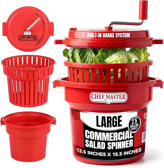 2.5 Gallon Chef Master Commercial Salad Spinner Dryer – Manual Lettuce Spinner and Fruit Washer Bowl with Strainer - Sealed Gearbox, Built In Brake System - Durable Spinner Mechanism - 90012