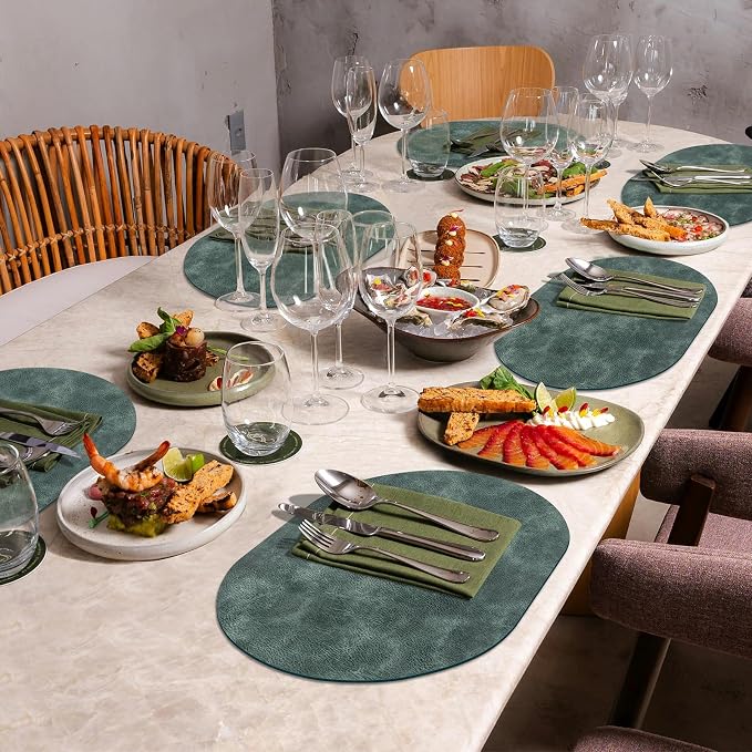 ADRIMER Placemats, Heat Resistant Oval Placemats Set of 8 Washable 12 x 17 Inch, Waterproof Table Mats, Wipeable Pu Place Mats for Kitchen, Dining Room, Blue & Green