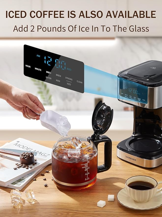 Ihomekee Coffee Maker, Programmable Drip Coffee Machine 12 Cup | Regular & Strong Brew Model, Iced Coffee Function for Home and Office, Black & Stainless Steel (Black,Silver)