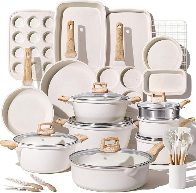 CAROTE 44pcs Pots and Pans, Nonstick Cookware Sets with Bakeware | Induction Cooking Set with Kitchen Knife Set & Egg Pan, Durable, Easy Clean, Even Heating
