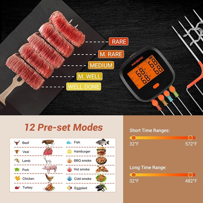 INKBIRD WiFi Meat Thermometer IBBQ-4T, Wireless BBQ Thermometer for Smoker | APP Calibration Temp Graph, Mobile Notification Timer Alarm Backlit, Rechargeable Digital Grill Thermometer, 4 Probes, Magnet