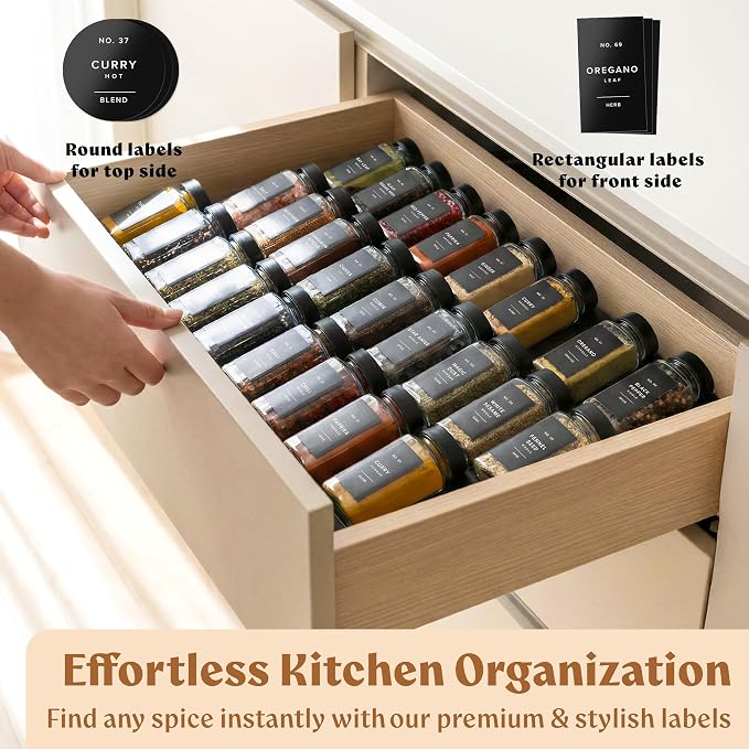 Square Glass Spice Jars (24 x 4oz) with Black Lids + Magnetic Spice Rack for Refrigerator (Fits 12 Jars) + Bonus Slim Auxiliary Rack, 240 Labels, Shaker Inserts, Funnel