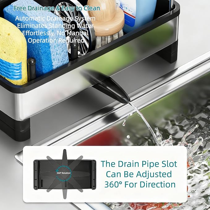 Stainless Steel Sink Caddy Sponge Holder for Kitchen Sink 9.8″ | with Auto-Drain, with Removable Brush Holder & Towel Rack, Rustproof Sink Organizer for Countertop, Kitchen Accessories