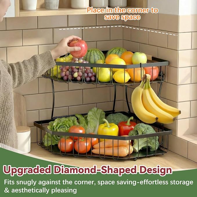 2 Tier Fruit Basket for Kitchen Counter with 2 Banana Hangers for Corner | Detachable Metal Fruit Bowl with Wooden Handle, Large Capacity Fruit Stand for Bread Fruit and Vegetable Storage, Black