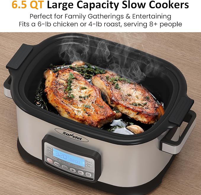 Sunvivi 12-in-1 Programmable Slow Cooker 6.5QT with Timer & Keep Warm | Multicooker with Timer & Temp Control, Dishwasher Safe Lid & Removable Nonstick Crock and Rack, Stainless Steel