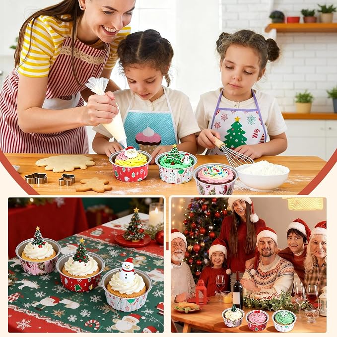 100Pack Mixcolor Christmas Cupcake Liners, 5oz Mini Cake Pans with Lids Xmas Aluminum Cups Disposable Ramekins Muffin Tins Containers for Gift Holiday Birthday Party Cake Baking Stackable Portable
