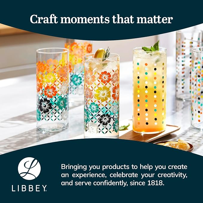 Libbey Vintage Flower Drinking Glasses Set of 4, Colorful, Retro Floral Design Glass Cups Set, Dishwasher Safe Water Glasses Set for Beverages
