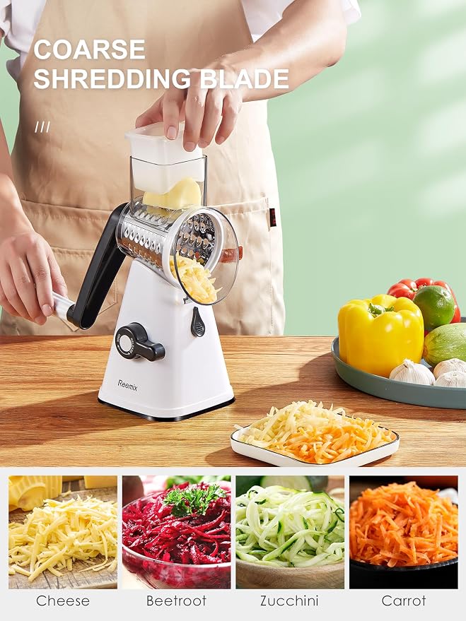 Rotary Cheese Grater with Handle, Reemix Vegetable Cheese Grater | Shredder Slicer Grater for Kitchen 3 Changeable Blades for Cheese Potato Zucchini Nuts Chocolate (White)