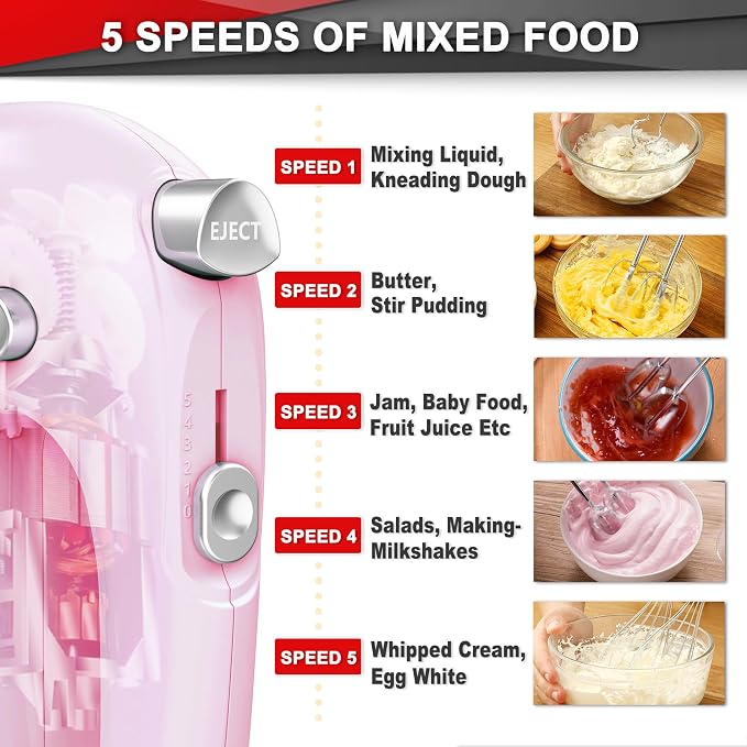 Lord Eagle Hand Mixer Electric Handheld 400W,5-Speed, Lightweight, Pink | Kitchen Mixer with Storage Case, 5 Stainless Steel Attachments for Baking Cake Egg Cream Food Beater, Turbo+Eject Button