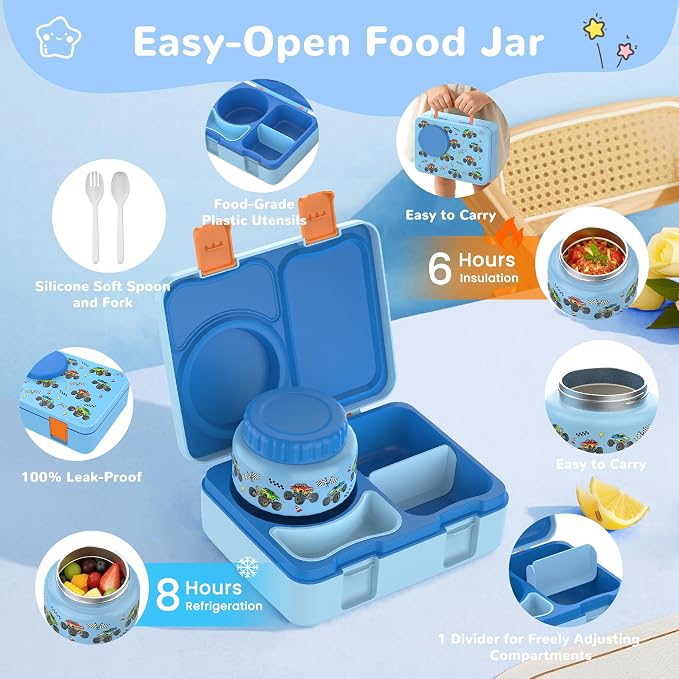 Bento Lunch Box for Kids Adult, Leakproof 3-4 Compartment Bento Box Set with Insulated Food Jar,Water Bottle, Lunch Bag, School Lunch Container for Toddler Teen Girls Boys Ages 3+(Vehicle)