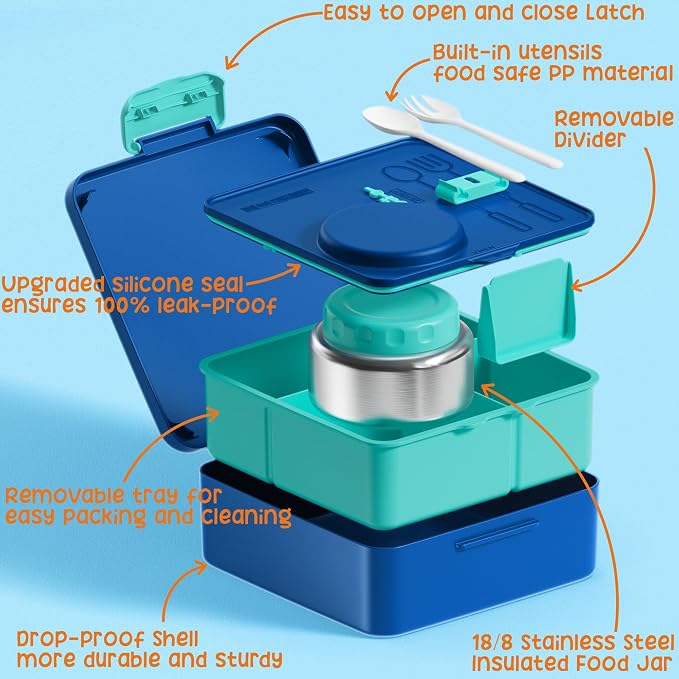 Fimibuke Bento Box for Kids Adults, BPA Free Toddler Lunch Box with Thermo | w/ 8.5oz Insulated Food Jar Utensils & Sauce Jar, Leakproof Dishwasher Safe 3 or 4 Compartment Container for School Girl Boys