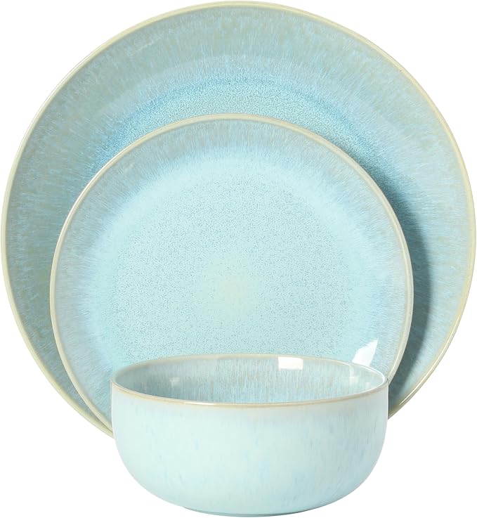 Gibson Elite Pine Coast Plates and Bowls Sets, 12-Piece Stoneware Dinnerware Sets, Reactive Glaze Dish Set - Blue