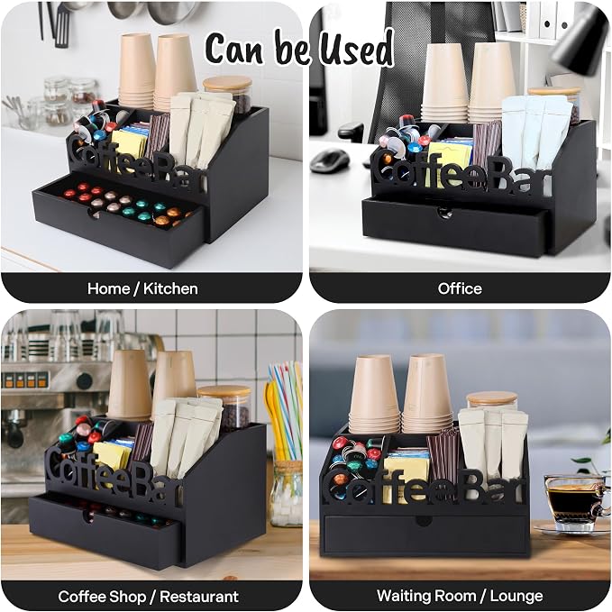 Coffee Bar Organizer Countertop, Wooden Coffee Station with Black Drawer | Coffee Pods, Tea Bags, Creamers & Condiments
