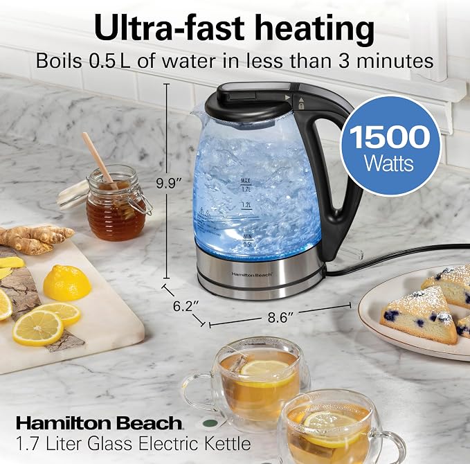 Hamilton Beach 1.7 Liter Electric Tea Kettle, Water Boiler & Heater | Fast Boiling 1500 Watts | BPA Free | Cordless Serving | Auto-Shutoff & Boil-Dry Protection | LED Indicator | Clear Glass
