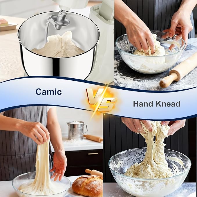 Camic Stand Mixer, 4.2QT+5.3QT Two bowls Electric Food Mixer, 10 Speeds with Digital setting 3-IN-1 Kitchen Mixer for Baking Cakes Cookie Bread Salad with Egg Whisk,Dough Hook,Flat Beater