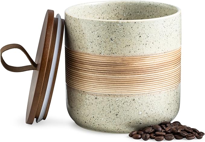 Miamolo Ceramic Coffee Container with Lid, Coffee Canister for Countertop | Coffee Jar with Snug Top, Wide Mouth Easy Filling | Dry Food Storage, Coffee Bar Decor Pantry Organization | Beige & 37 fl.oz