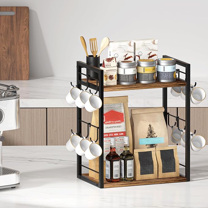 Dorhors Coffee Bar Organizer,Mug Holder,Station Organizer Kitchen Counter | 2 Tier Rustic Brown Wood Coffee Bar Accessories with 12 Hooks,Countertop Shelf for Mug,Syrup and Accessories