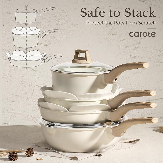 CAROTE 35pcs Pots and Pans Set, Nonstick Cookware Sets with Knife Block Set | Induction Cooking Set, Easy Clean, Fit All Stovetops, Ultra Durable, Even Heating, with Egg Pan & Kitchen Knives