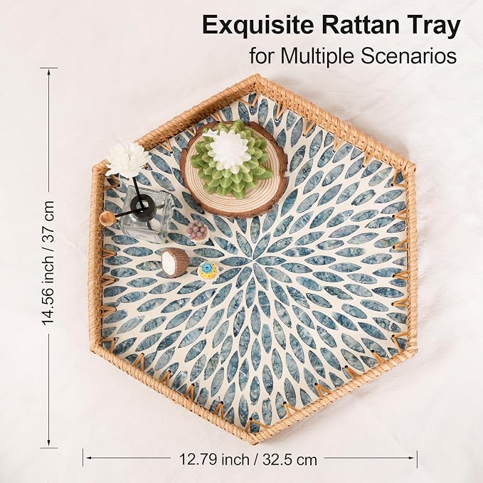 Hexagon Rattan Tray with Mother of Pearl Inlay, Rattan Serving Tray for Coffee, Bread, Fruits, Snacks, Decorative Wicker Tray for Table Decor, Home Decor (Light Blue Leaves, 14.5"×12.8")