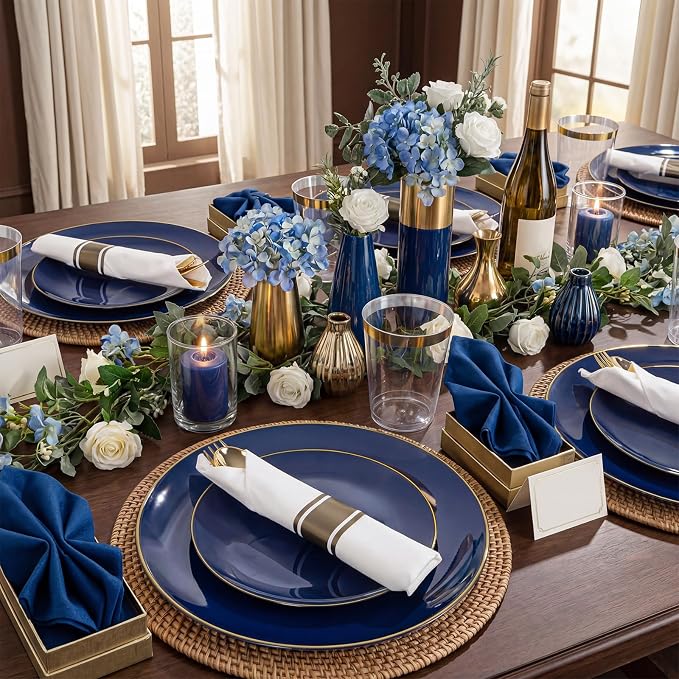 KIRE 350Pcs Blue and Gold Plates -Heavy Duty Navy Blue Dinnerware Set - 100 Plastic Plates 50 Pre Rolled Napkins with Gold Plastic Silverware 50 Cups for Party/Wedding/Birthday
