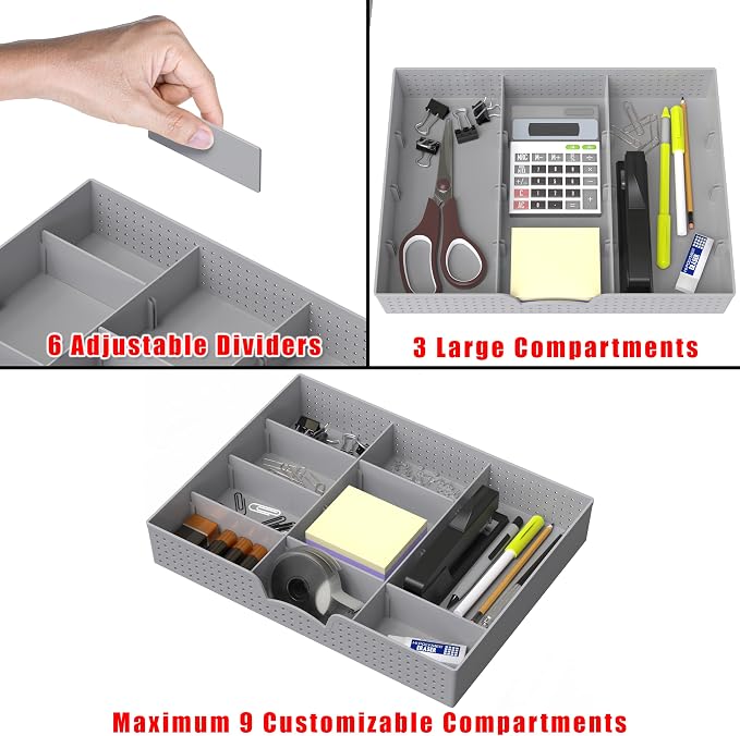 Simple Houseware Drawer Organizer Tray, 9 Adjustable Compartments, Gray | For Office, Makeup, and Craft Drawer or Desktop Storage