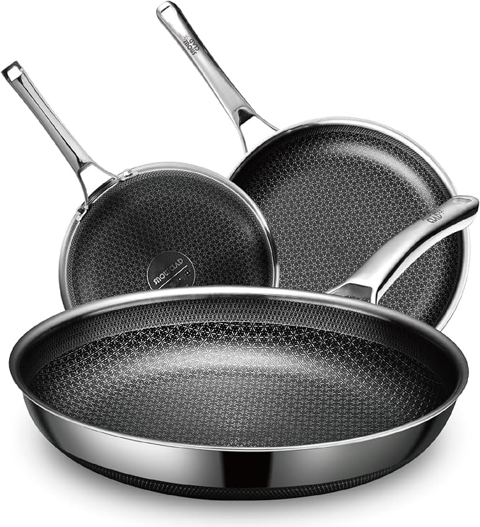 SNOWCLAD 3 Piece Hybrid Nonstick Pans Set, 8+10+12 Inch Nonstick Frying Pans Set, Stainless Steel Skillet, Dishwasher, Induction, Oven & Broiler Safe, PFOA Free Kitchen Cookware Set