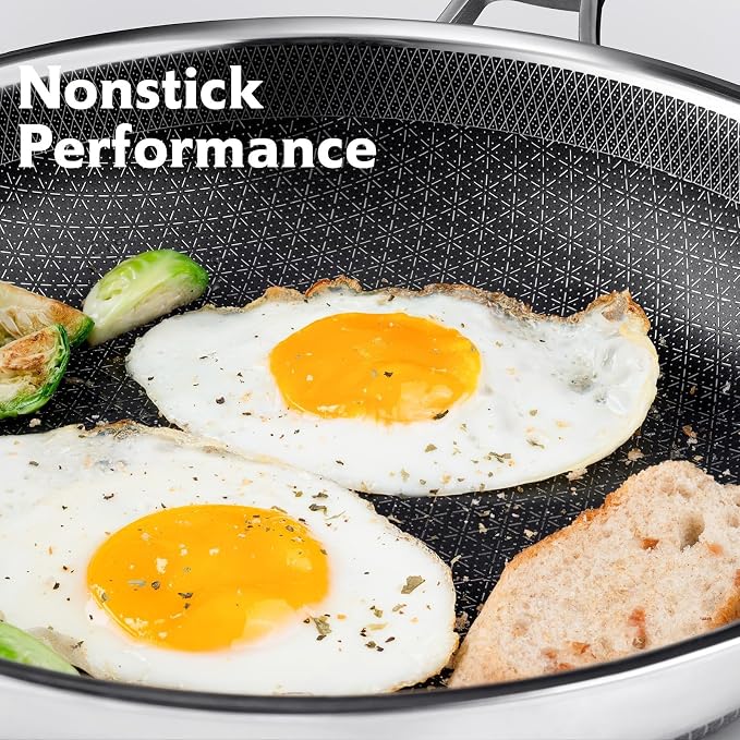 SNOWCLAD Frying Pan with Lid, 10 Inch Hybrid Non Stick Stainless Steel Skillets, Dishwasher Induction Oven Broiler Safe, Non Toxic Chef's Pan, PFOA Free Cookware