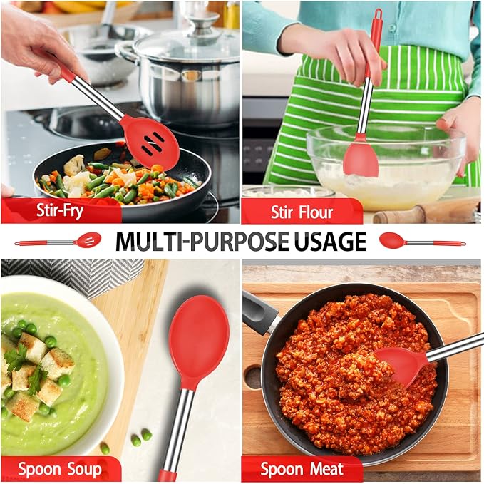 Large Silicone Cooking Spatulas and Spoons, BPA Free, 4 Pack (Red) | Slotted & Solid Stainless Steel Cooking Utensils Set, Non-stick Heat Resistant Kitchen for Baking, Fried, Stir-Fry, Serving