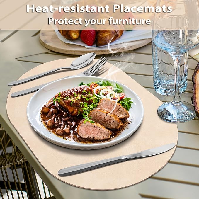 ADRIMER Placemats, Heat Resistant Oval Placemats Set of 6 Washable 12 x 17 Inch, Waterproof Table Mats, Wipeable Pu Place Mats for Kitchen, Dining Room, Beige