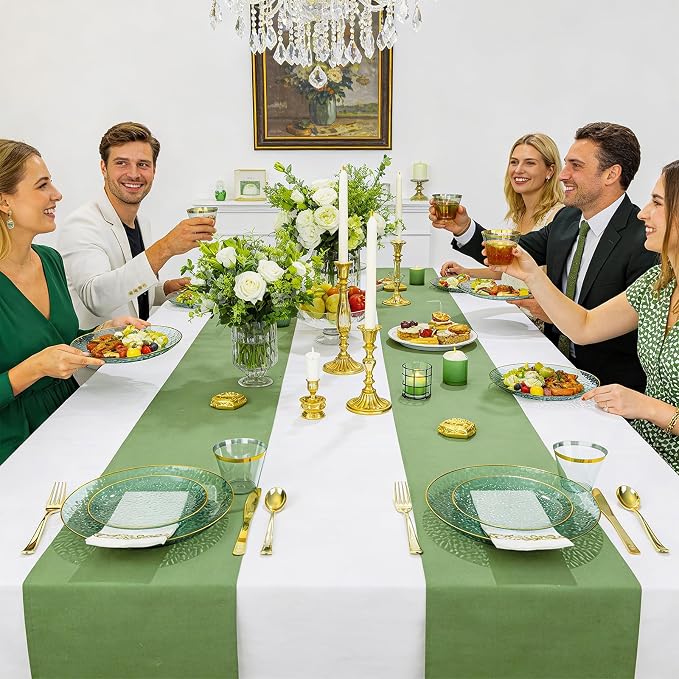 DaYammi 350 Pcs Clear Green Gold Plastic Plates, Hammered Disposable Dinnerware, Clear Green Plates Set Include 100 Plastic Platos, 150 Gold Disposable Silverware, 50 Cups and 50 Napkins for Party