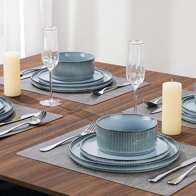 LIANYU Dinnerware Plates and Bowls Dishes Set, 8 Piece Elegant Stoneware Sets with Pasta Bowls for 2, Modern Ribbed Ceramic Dining Ware for Restaurant Wedding, Dishwasher Safe, Slate Blue