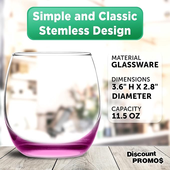 DISCOUNT PROMOS Mikonos Stemless Wine Glasses 11.5 oz. Set of 10, Bulk Pack - Restaurant Glassware, Perfect for Red Wine, White Wine, Cocktails - Pink Bottom Color