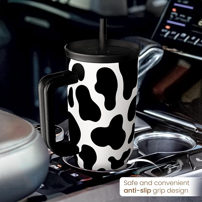 SANDJEST Cow Tumbler with Handle 40oz, Cow Print Cup Stainless Steel Tumblers Coffee Travel Cups with Slider Lid, Cow Gifts for Women Birthday Christmas Mothers Day