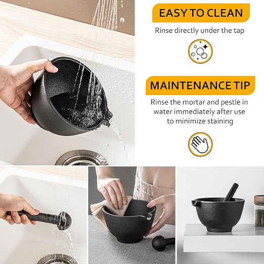 Velaze Cast Iron Mortar and Pestle Set,3 Cup Capacity | 6.5 Inch Pestle,27 oz Molcajete,Pour Spout Design,Spice Grinder,Smasher for Pesto,Herbs,Seasonings,Homemade Recipes,Pills