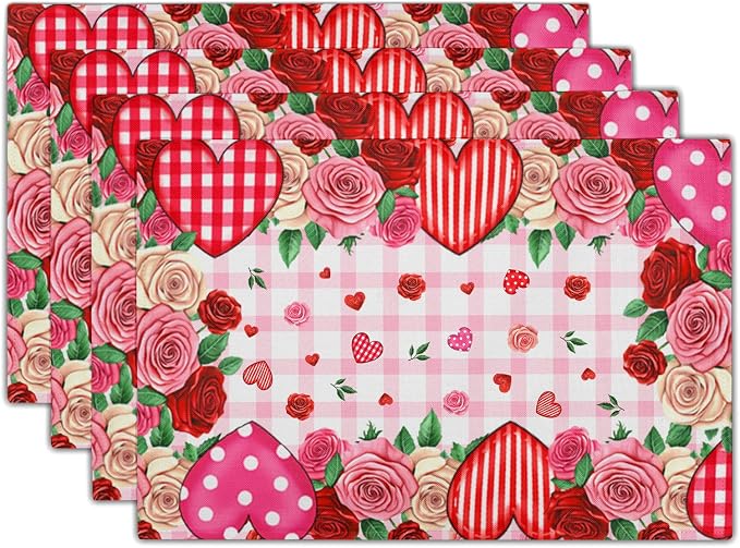 Red Rose Love Heart Polka Dots Stripe Placemat Set of 4,12x18 Inch Romantic Vintage Floral Farmhouse Holiday Wedding Anniversary Table Mats for Party Kitchen Dining Decoration