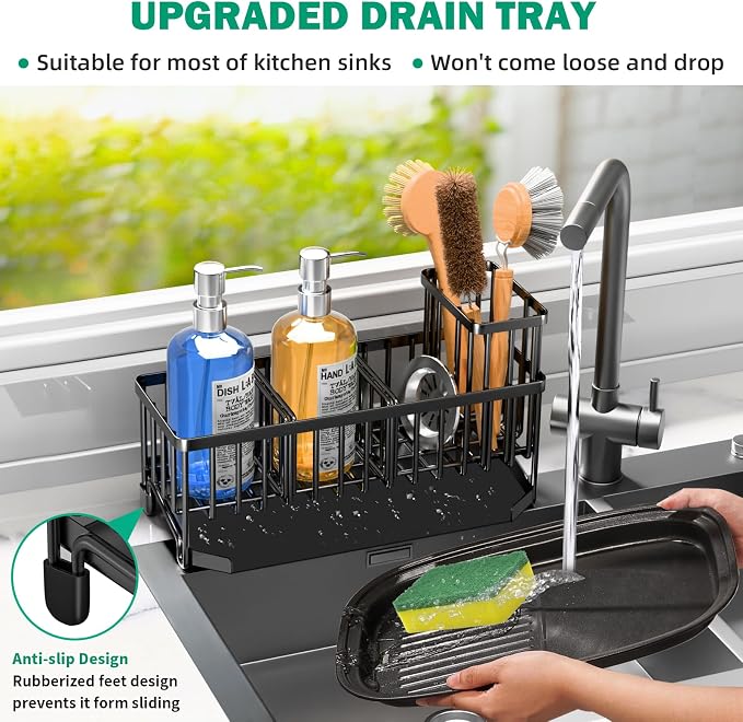 TomCare Kitchen Sink Caddy, 11-Inch Sponge Holder with Drain Tray | 2 Adjustable Dividers and Tall Brush Holder Create Flexible Storage for Sponges and Kitchen Counter Accessories