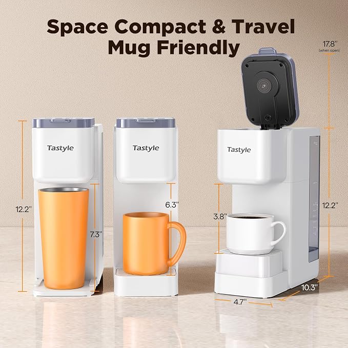 Tastyle Hot & Iced Coffee Maker with Magnetic K-Pod Holder, Fits 7.3'' Mug | Stores 10 Pods, for K Cup & Grounds, Compact for Home, Office & RV, Brew 6-24oz Coffee, 40 oz Removable Tank, K330CH, White