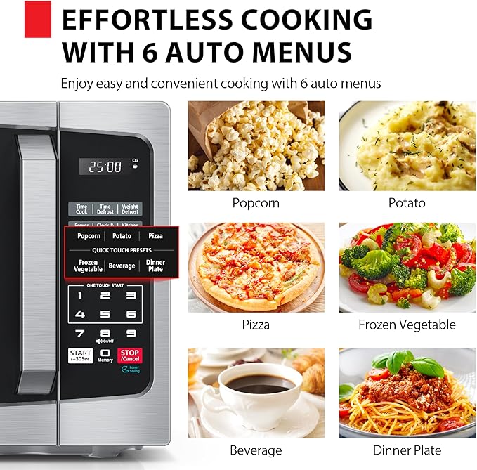 TOSHIBA Microwave Oven, 0.9 Cu.Ft, 900W, Stainless Steel | 6 Auto Menus, 11 Power Levels, Mute Function, Child Lock, LED Lighting, for Apartments & Dorms