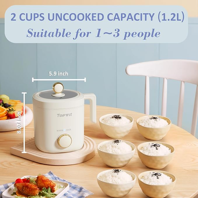 TOPWIT Small Rice Cooker 2-Cup Uncooked, 1.2L Nonstick Mini Rice Cooker | Removable Pot, BPA-free, One-touch Operation, Auto Keep Warm, Ideal for Dorm, Office & Travel, Compact & Portable, Beige
