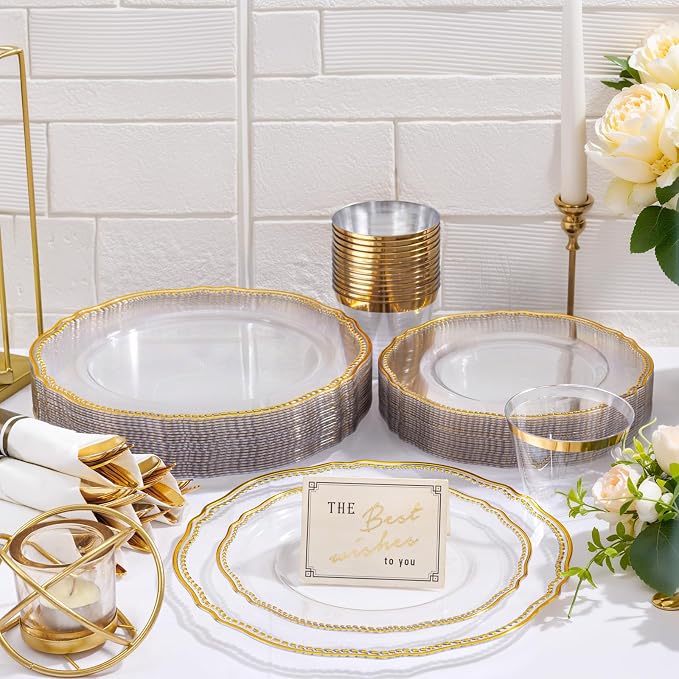 350 Pcs Clear Gold Plastic Plates for Wedding & Party | Gold Plastic Dinnerware Set Includes 50 Dinner Plates, 50 Dessert Dinnerware, 50 Cups, 50 Rolled Napkin Cutlery Perfect