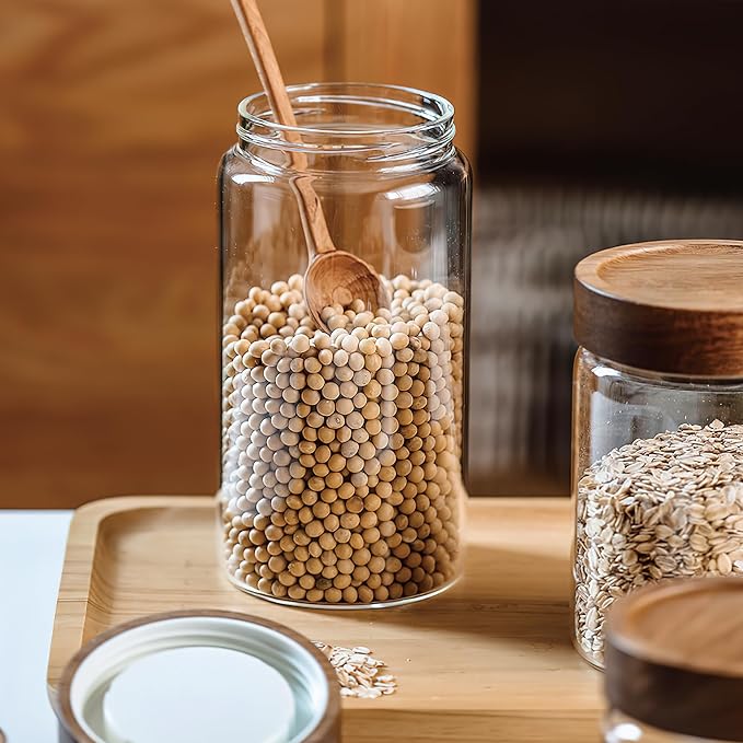 50 fl oz/1500 ml Clear Glass Storage Canister with Airtight Wooden Screw Lid, Large Tall Cute Decorative Glass Food Container Jar for Coffee, Candy, Cereal, Cookie, Pasta, Flour, Juices