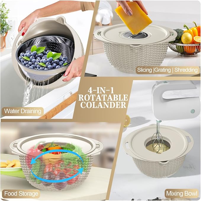 4-in-1 Colander with Bowl Set — Patented 360° Rotatable Strainer Bowl with 3 Graters, Snap-On Lid & Non-Slip Base, Funny Kitchen Present for Women, Aesthetic Pasta Fruit Vegetable Strainer (Beige)