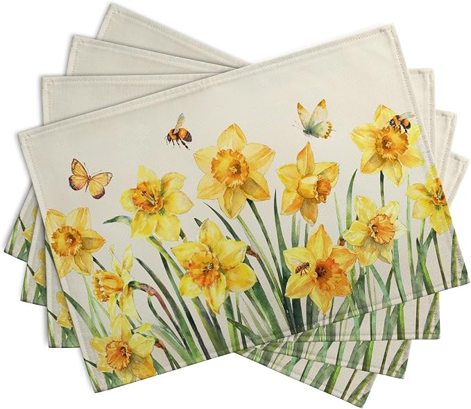 Spring Daffodils Placemats Set of 4 Watercolor Yellow Flower Table Mats Summer Farmhouse Floral Heat Resistant Washable Placemat for Party Kitchen Dining Table Decor Indoor Outdoor 12x18 Inch