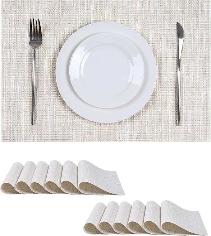 Leetaltree Pale Beige Placemats Set of 12 - Heat Resistant Non-Slip Place mats for Dining Table, Washable Durable PVC Vinyl Woven Table Mats（Pale Beige, 12）