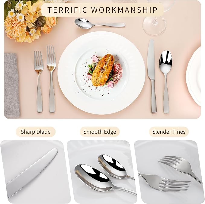 60-Piece 18/10 Stainless Steel Flatware Set for 12, Heavy Duty Silverware Set, High End Flatware, Dishwasher Safe, Ideal for New Home Essentials Gift