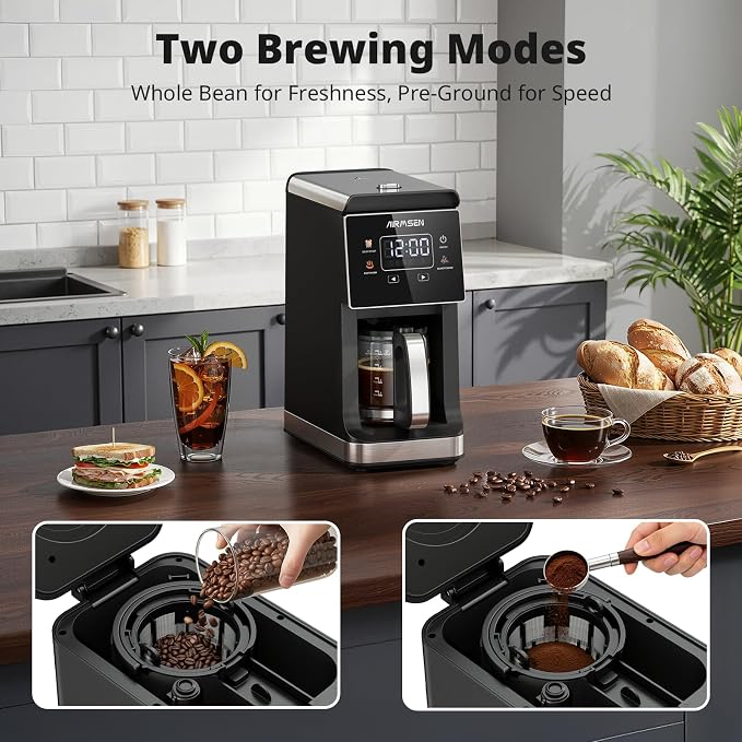 AIRMSEN Grind & Brew Coffee Maker with Built-In Grinder 5-Cup | Drip Coffee Machine with 24H Programmable Timer, 3 Grind Settings, Fresh Ground Coffee Maker for Home & Office