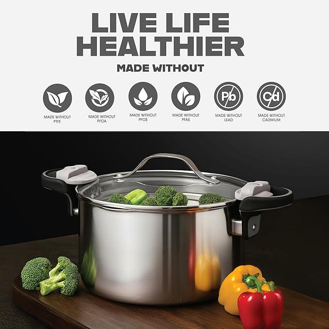 GOTHAM STEEL 5 Qt Stainless Steel Stock Pot Multipurpose Pasta Pot | With Strainer Lid + Twist and Lock Handles, Cooking Pot for Soup, Spaghetti, Rice, Induction Compatible, Dishwasher Safe