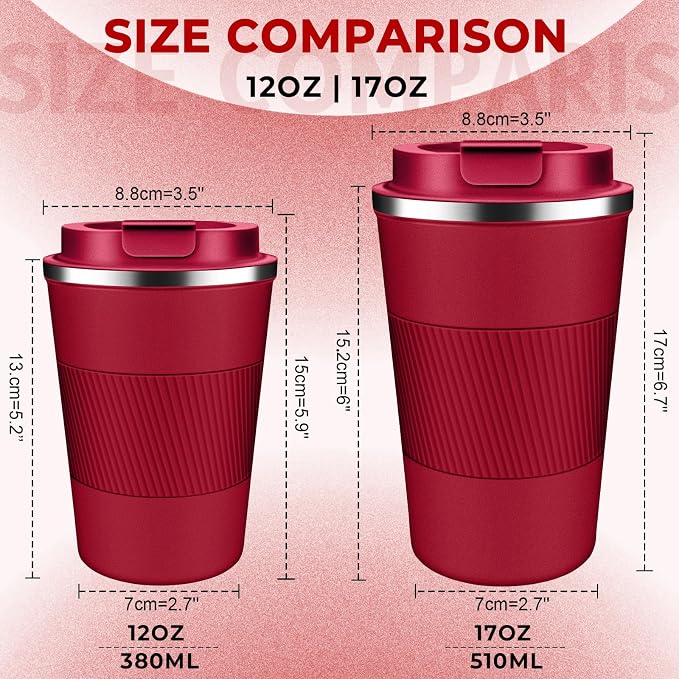 Insulated Coffee Tumbler 12 oz, Stainless Steel Coffee Mug with Lids, Travel Coffee Mug Leak Proof, Double Wall Vacuum Insulated Reusable Coffee Cup, Keep Drinks Hot and Cold (Red, 12 Ounces)