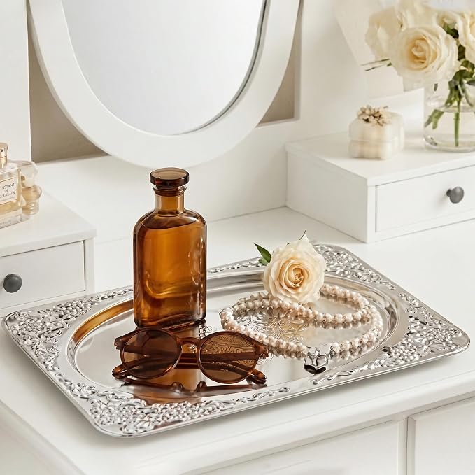 Silver Serving Trays, 6 Pcs Stainless Steel Serving Platters with Retro Engraved Design, 13.7 x 8.5 Inch for Serving Food, Appetizers, or as Decorative Accent at Home